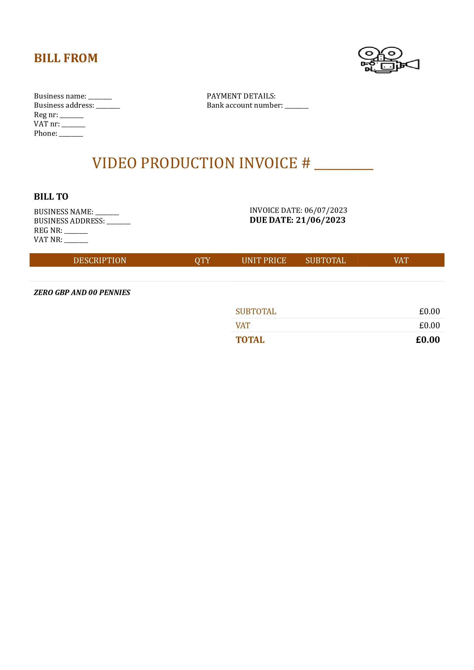 blank video production invoice template UK Word / Google docs