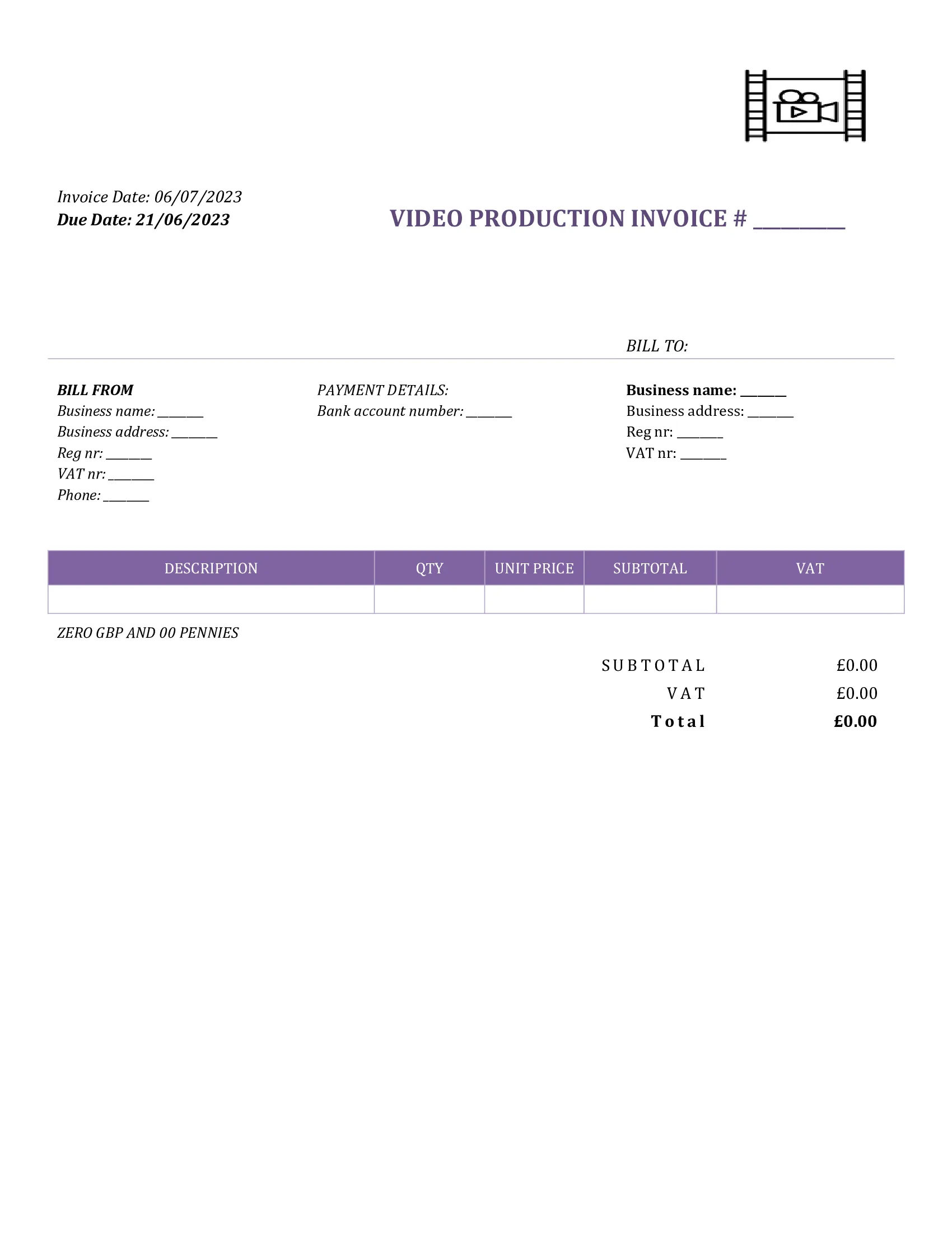 fillable video production invoice template UK Word / Google docs