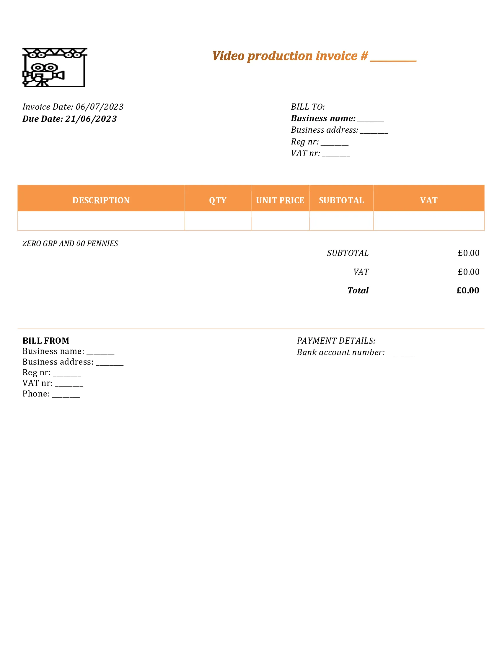personal video production invoice template UK Word / Google docs